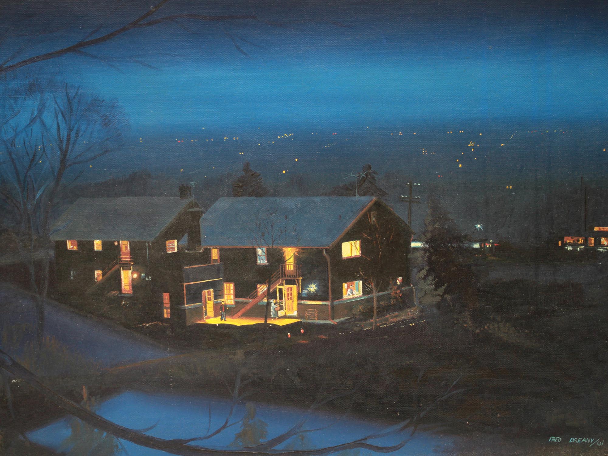 A FRED DREANY OIL PAINTING OF A CITY AT NIGHT PIC-1